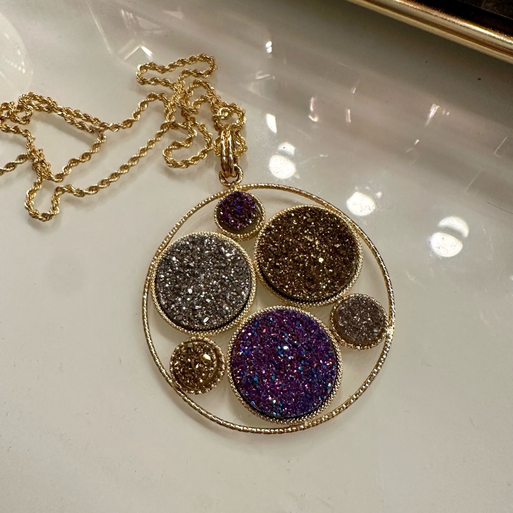 Milor Italy 14K Gold Large Multicolored Druzy Quartz Pendant
